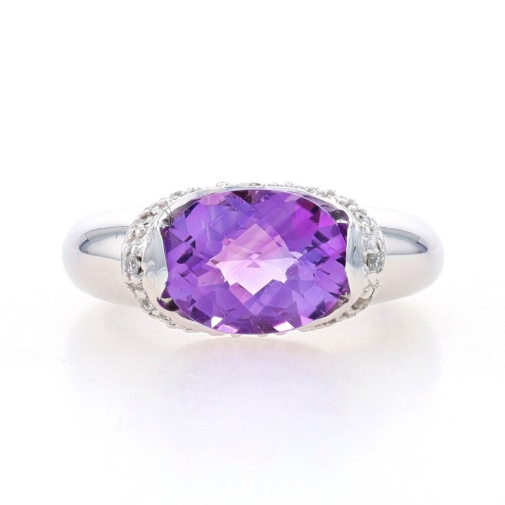 White Gold Amethyst & Diamond Ring - 14k Oval Checkerboard 1.95ctw Halo Sz 3 1/2